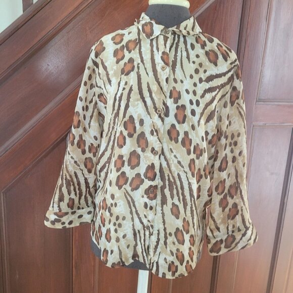 Alfred Dunner Animal  Print Blouse Size 12 Button Up Semi Sheer Lined Career - Picture 1 of 5